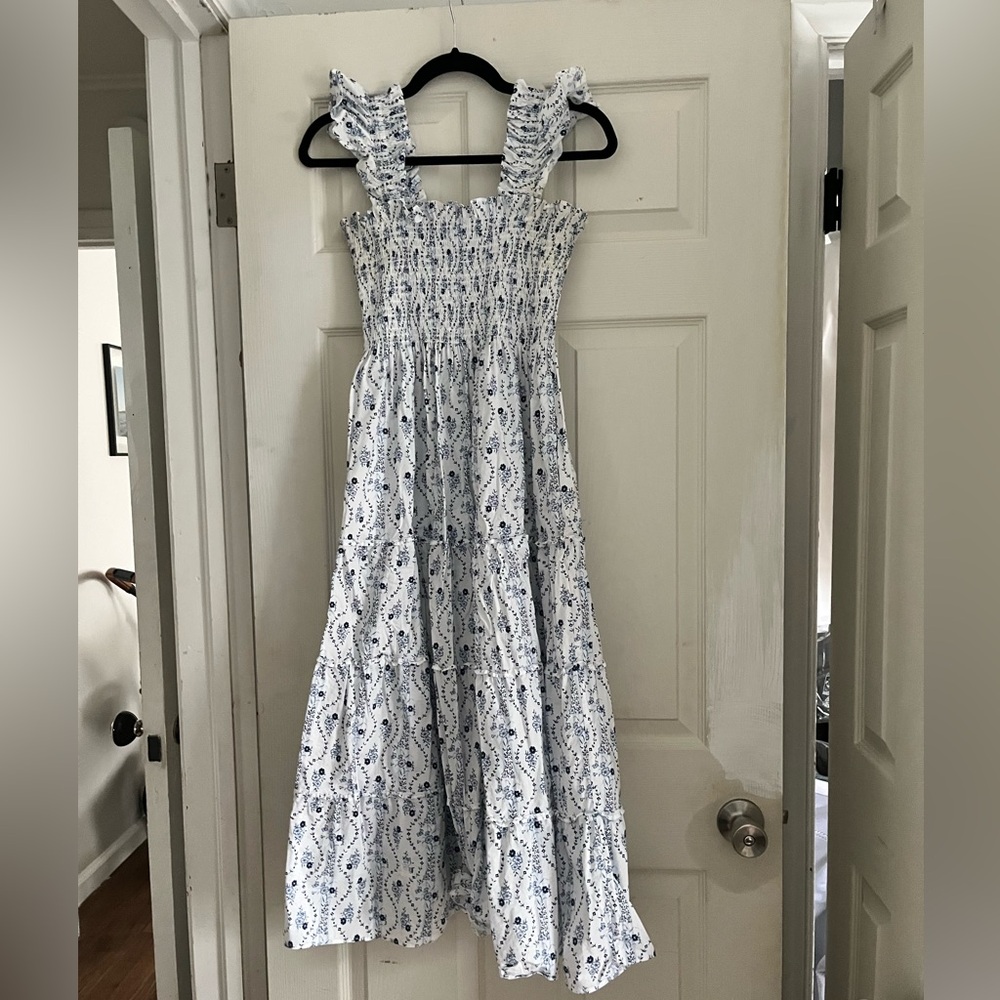 Hill House Floral Smocked Dress in Blue and White